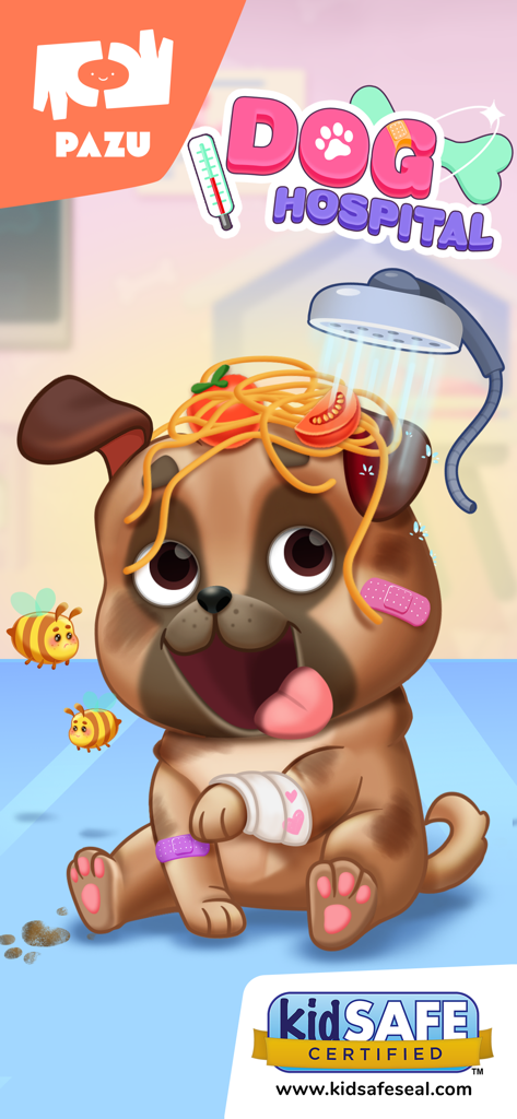 Un simpatico cucciolo di carlino con spaghetti sulla testa curato in Pet Hospital Kids Doctor Games