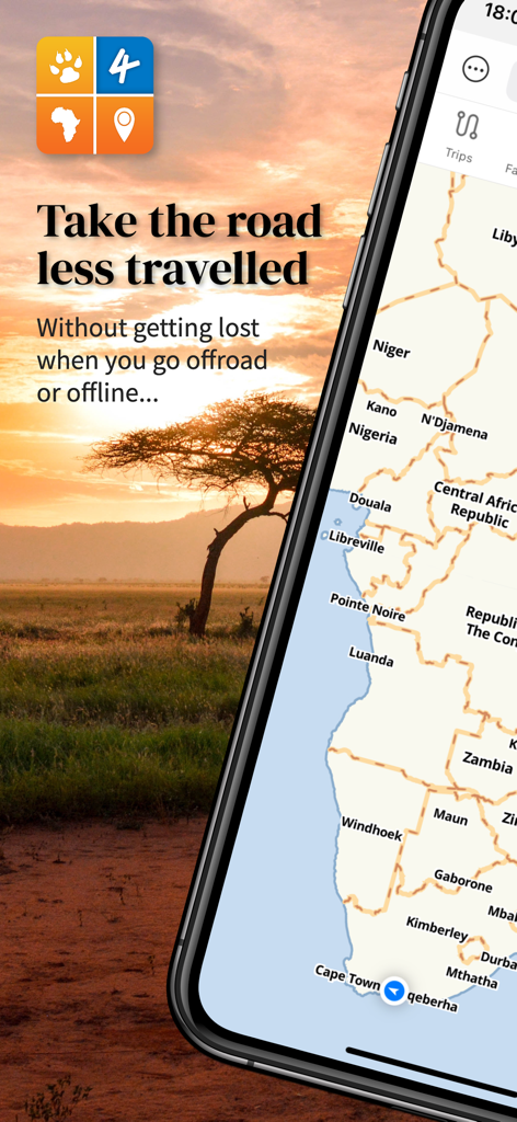 Tracks4Africa Guide - Aplicação Tracks4Africa Guide a mostrar um mapa offline de África e uma paisagem cénica ao pôr do sol
