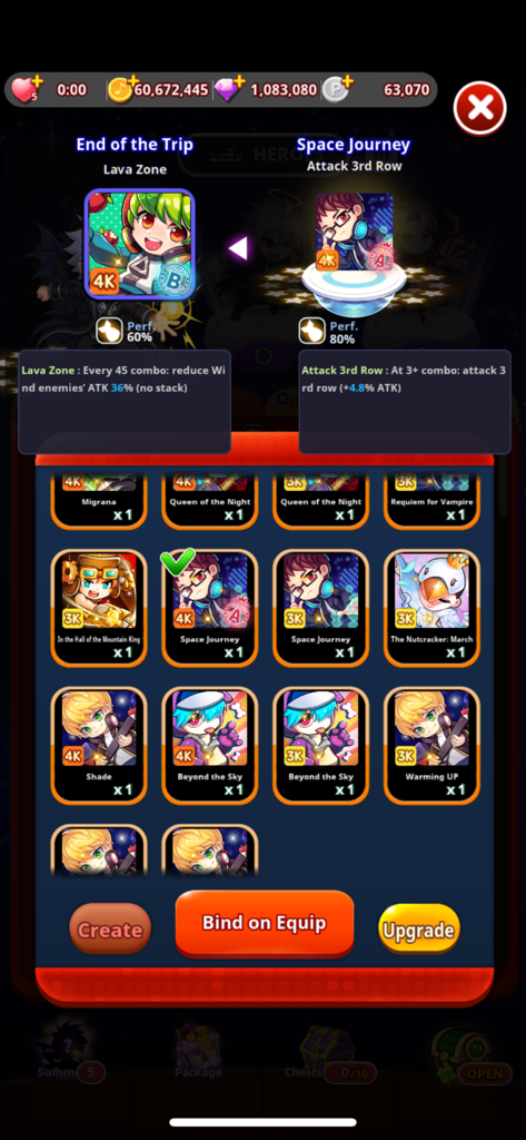 A screen showing various collectible hero cards and upgrade buttons in RhythmStar Music Adventure