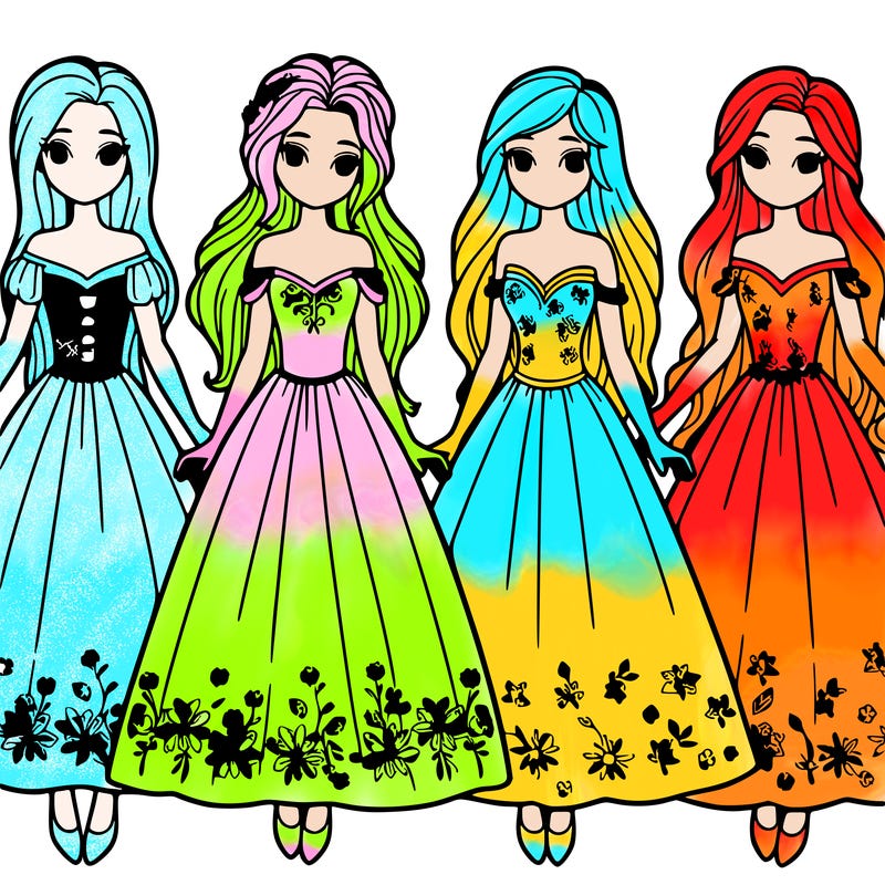four girls in long flowimg dresses