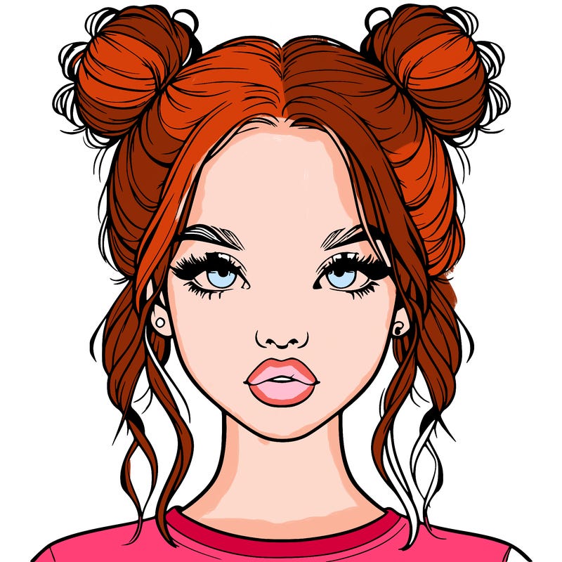 realistic girl with two buns in hair and lips