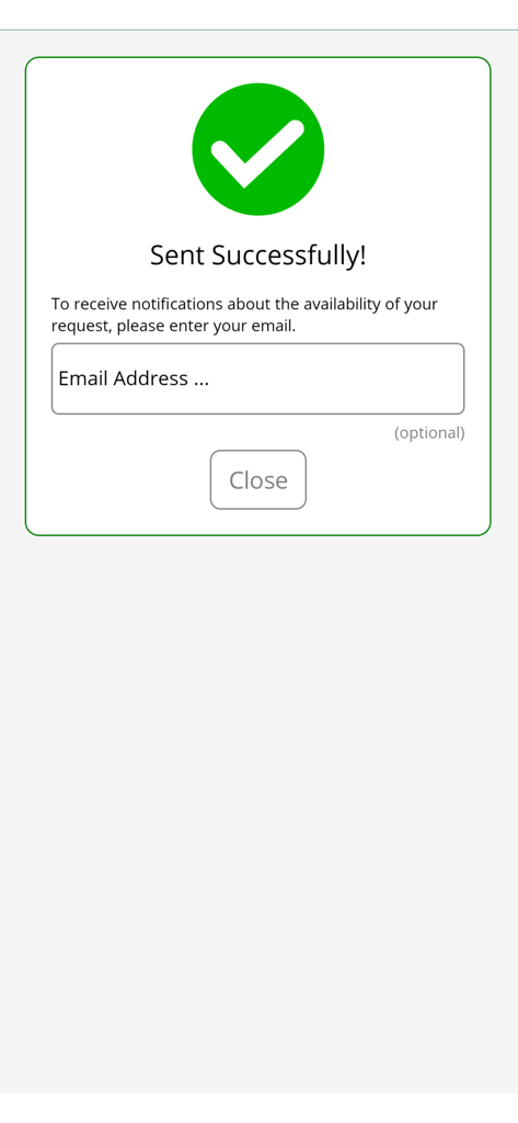 MEDwhere - Bildschirm für erfolgreich gesendete Bestätigung mit einem grünen Häkchen und einem Feld für E-Mail-Benachrichtigungen