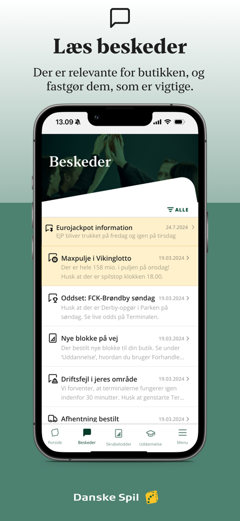 Forhandler App Danske Spil - Una schermata mobile che mostra il centro messaggi nell'app Danske Spil Rivenditori con varie notifiche e aggiornamenti