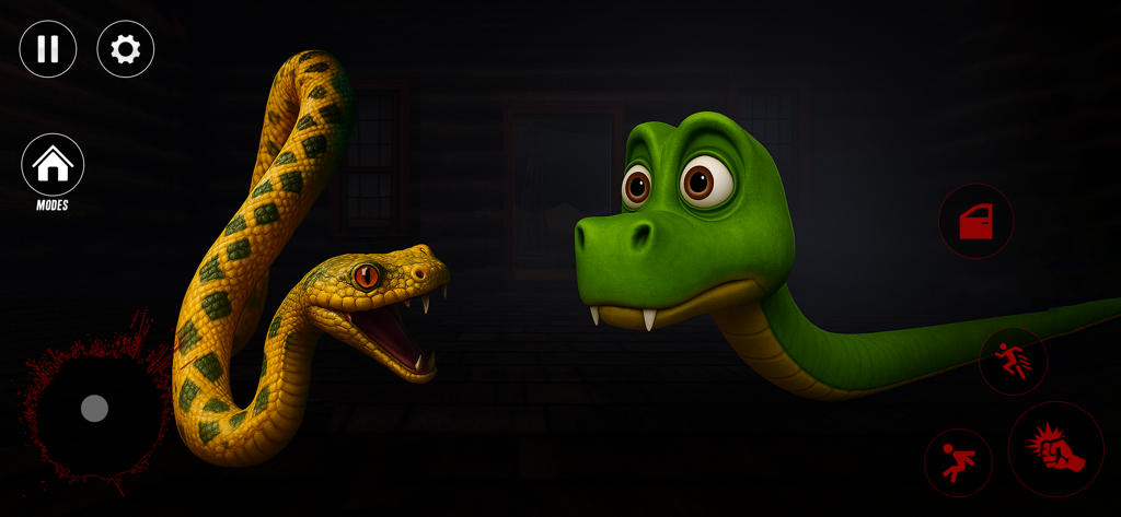 The Viper’s Whisper - Gameplay screenshot of The Viper’s Whisper showing two giant snakes in a dark room with mobile gaming controls