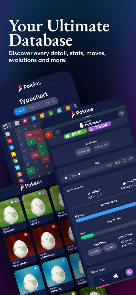 Pokéos - Interface of the Pokeos app showing a pokemon type chart and detailed character stats for Bulbasaur