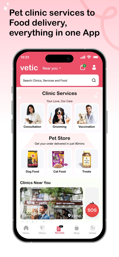 Vetic mobile app dashboard featuring pet clinic services grooming and pet store delivery