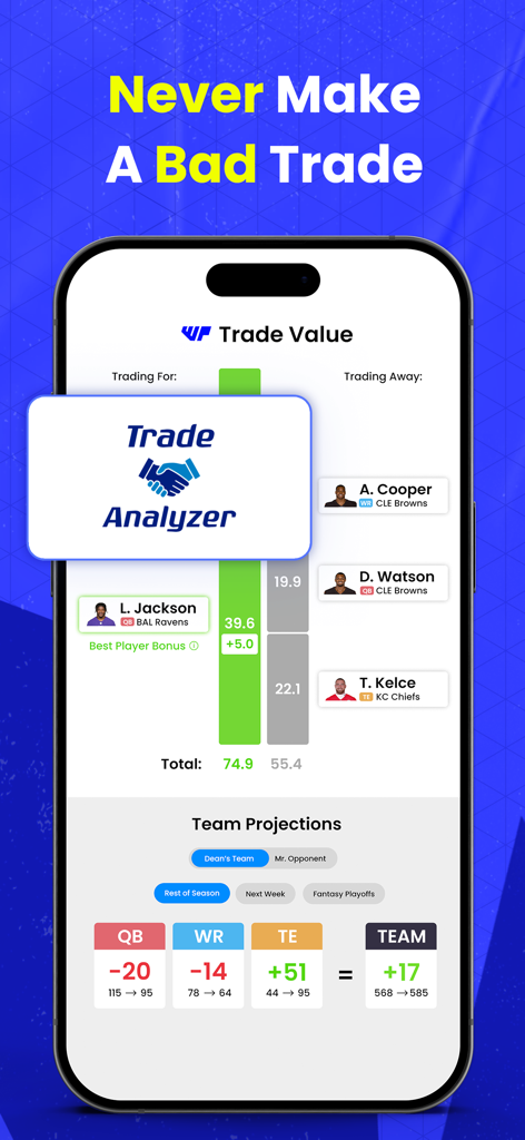 WalterPicks – AI Insights - WalterPicks app Trade Analyzer screen comparing fantasy football player values and team projections