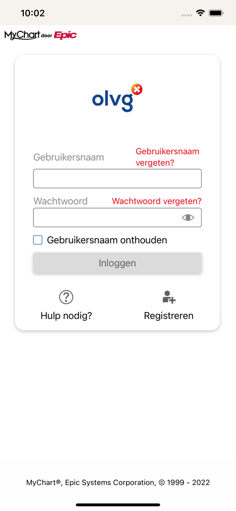 The login screen of the MijnOLVG app featuring username and password input fields and the OLVG hospital logo