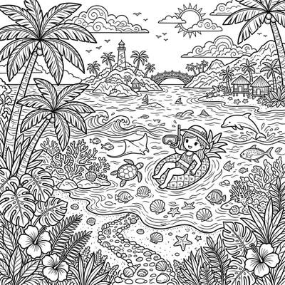 Embark on a creative journey with this detailed tropical island coloring page, specifically designed for teens. Discover a vibrant beach scene complete with a girl on a pineapple float, marine life, and lush island scenery awaiting your artistic touch.