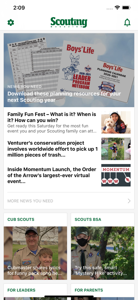 Home screen of the Scouting Magazine app featuring news articles and planning resources for Boy Scouts of America adult volunteers.