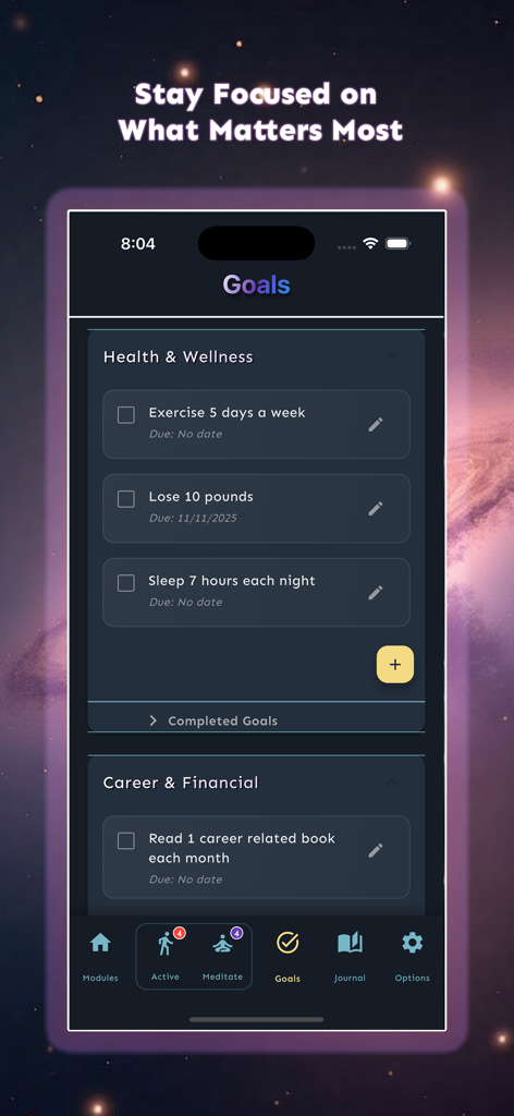 Inner.codes: Program Your Mind - Pantalla de seguimiento de objetivos de la aplicación Inner.codes con categorías de salud y carrera.
