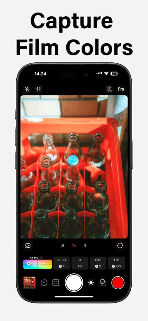 Vibe Cam app interface showing professional manual camera controls and film simulation colors
