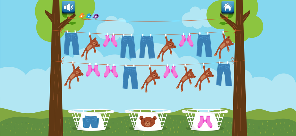 Count, Sort and Match - A preschool educational game screen showing laundry hanging on a line to be sorted into baskets by type