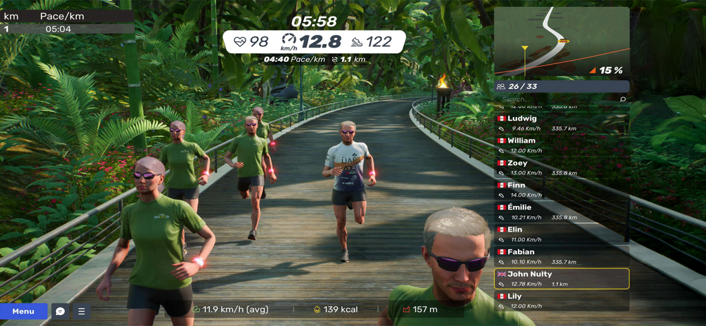 A group of virtual avatars running on a jungle path within the MyWhoosh app interface showing training metrics and a leaderboard