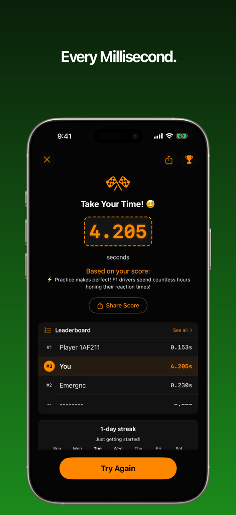 Lights Out: Reaction Time Game - Results screen of Lights Out reaction time game showing a score and global leaderboard ranking.
