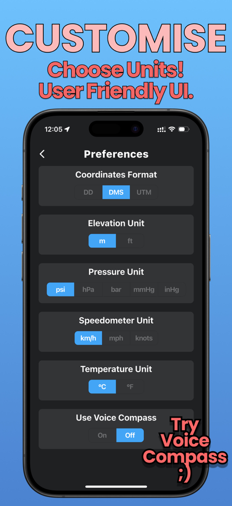 Compass One: Altimeter & GPS - Compass One app preferences screen showing options to customize coordinate formats, elevation units, and pressure units.