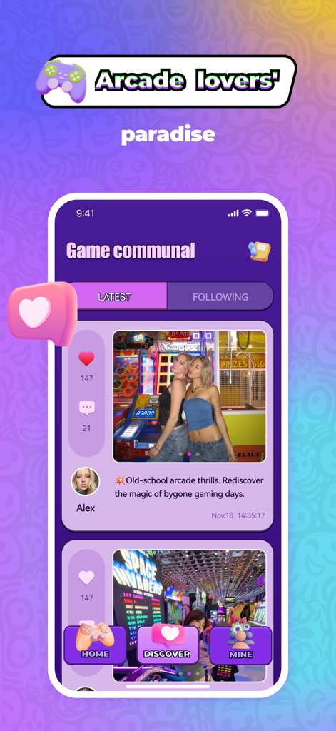 Froliv - Video Call，Have Fun - Froliv app interface displaying a social feed for arcade enthusiasts