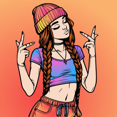 realistic teenage girl with braids and a beanie and crop top doing 🫶🏼