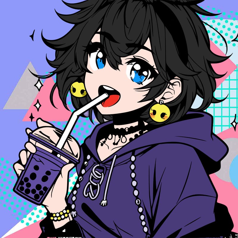 hot baddie anime girl drinking boba and biting the straw