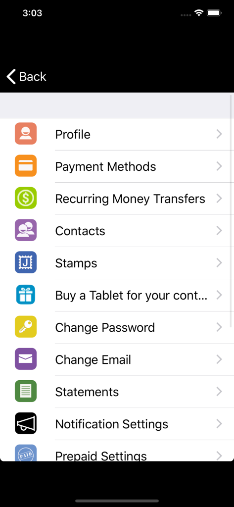 JPay mobile app menu screen showing account profile and money transfer options