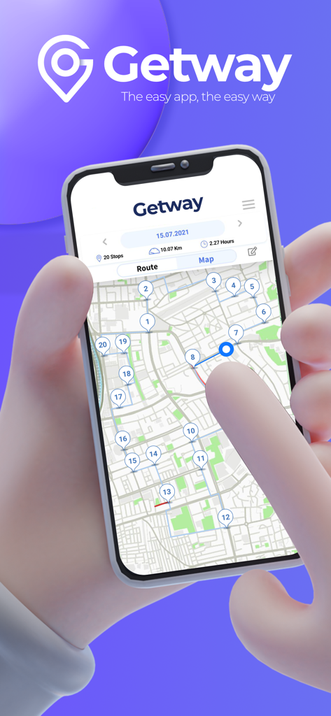 Smartphone screen displaying the GetWay route planner app with 20 optimized stops on a city map.
