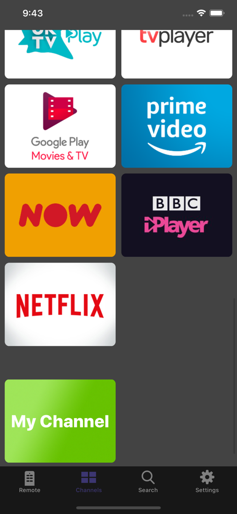 Widget Remote for Roku - Una cuadrícula de servicios de streaming que incluyen Netflix y Prime Video dentro de la pestaña Canales de la aplicación Widget Remote para Roku.