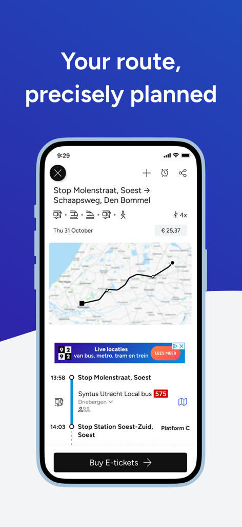 Smartphone screen showing the 9292 travel planner app with a detailed transport route map and e-ticket purchase button