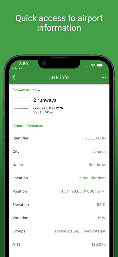 Airports - Technische Flughafendaten für London Heathrow, angezeigt in der Airports App für Piloten