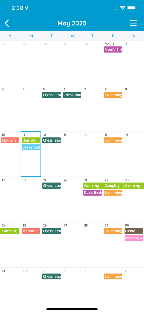 A monthly view of the family organizer app showing color coded events and family activities