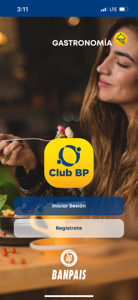 Club BP - Pantalla de inicio de sesión de la aplicación Club BP de Banpais con botones para iniciar sesión y registrarse sobre un fondo temático de gastronomía