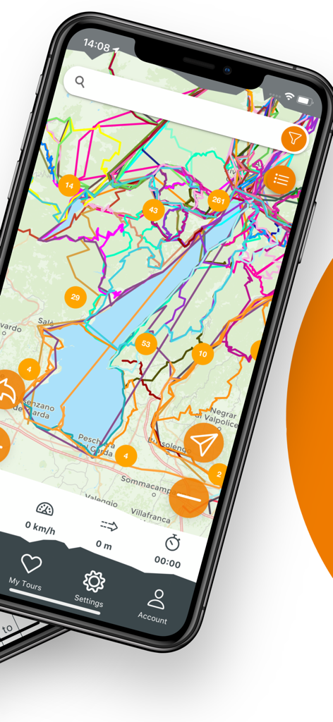 GPS-Tour.info - GPS-Tour.info mobile app showing a map with various colorful outdoor GPS tracks and tour markers