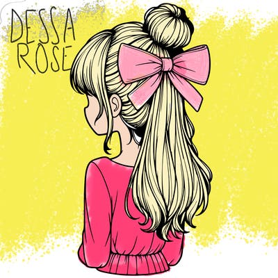 realistic girl  with hip length hair a bun and a big bow on the back of head