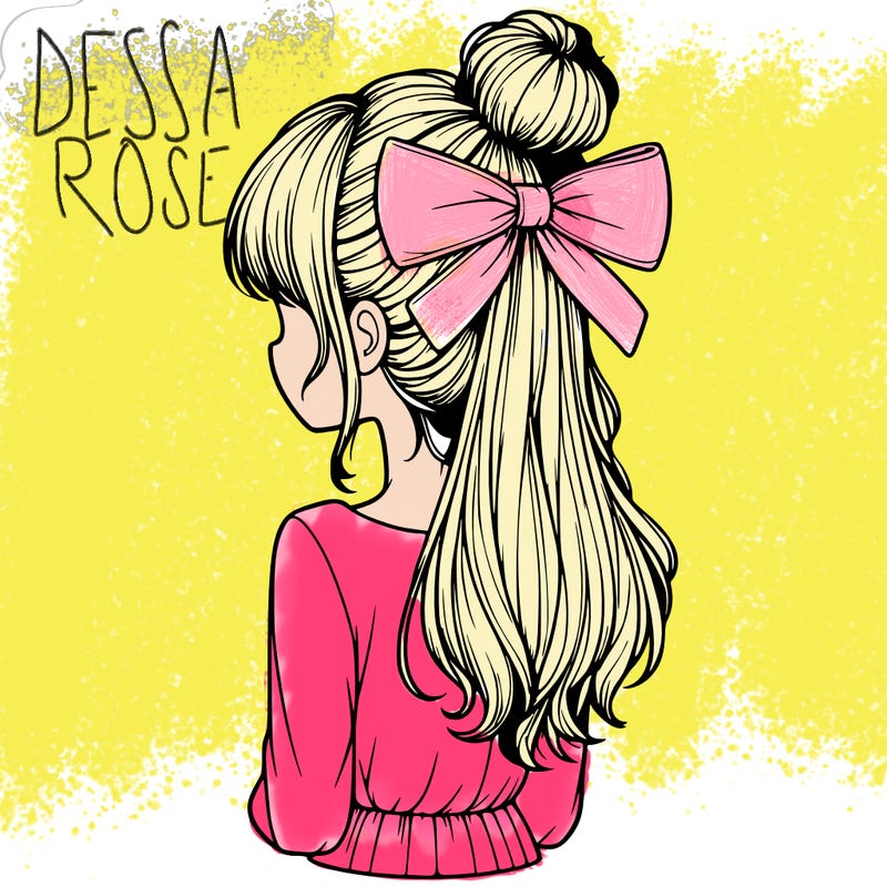 realistic girl  with hip length hair a bun and a big bow on the back of head