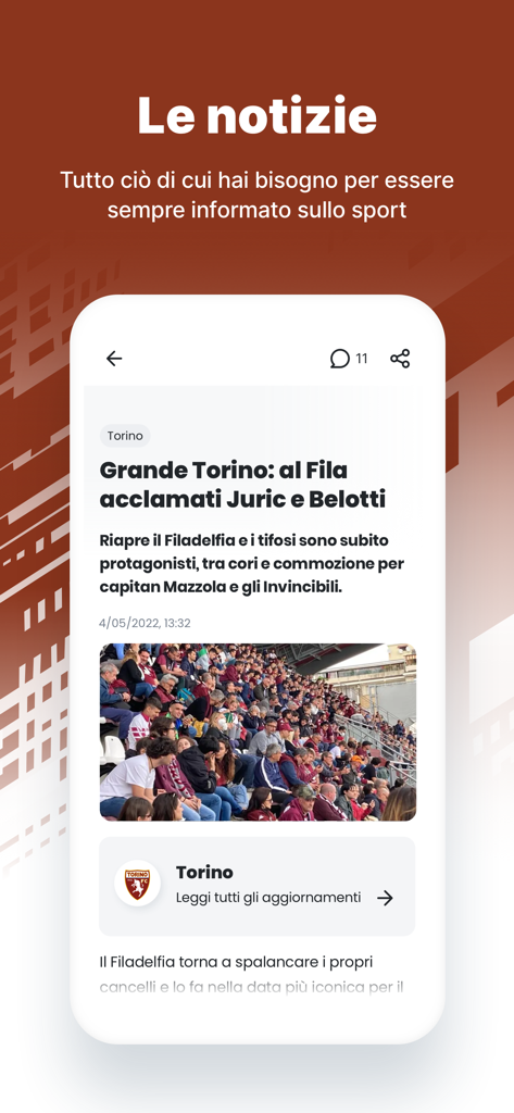 Tuttosport mobile app screen displaying a news article about Torino FC with stadium fans