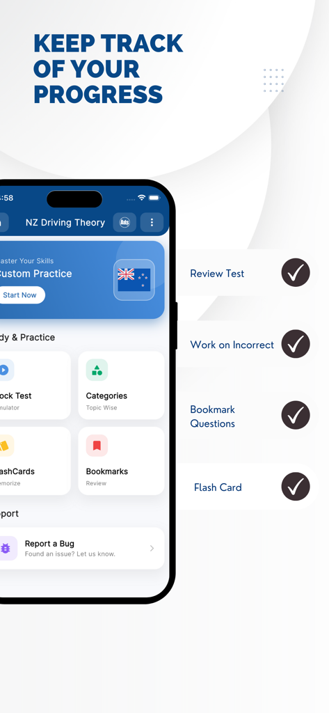 NZ Driving Theory Test 2026 - Painel de acompanhamento de progresso do aplicativo NZ Driving Theory Test mostrando recursos de estudo e análise de progresso.