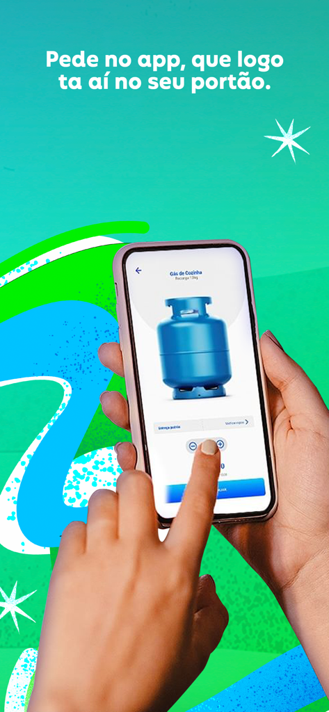 Ultragaz: Peça botijão - Hand using the Ultragaz app to order a cooking gas cylinder