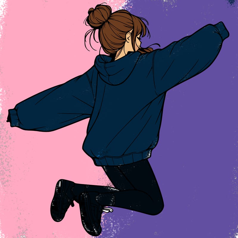 realistic girl jumping with a bun and oversized sweatshirt