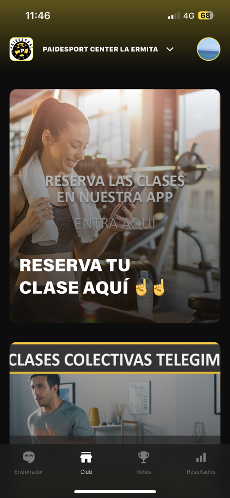 Interfaz de la aplicación My paidesport que muestra opciones de reserva de clases de gimnasio y clases colectivas.