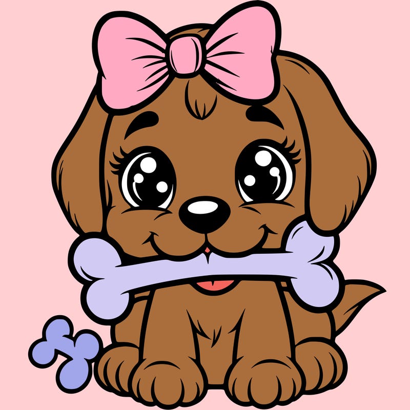 puppy with bone in her mouth wearing a pink bow