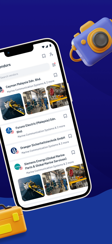 My Ship Info - Interfaz de la aplicación My Ship Info que muestra un directorio de proveedores de servicios marítimos e imágenes técnicas de barcos.