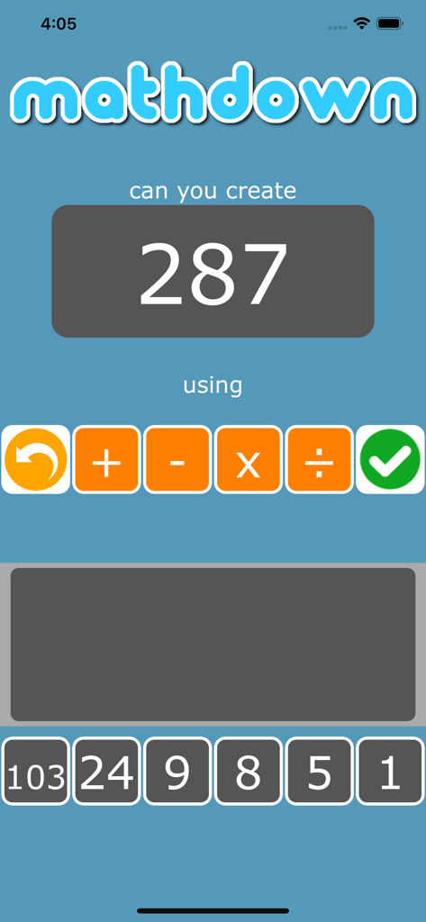 mathdown - Mathdown puzzle game interface with target number 287 and arithmetic symbols