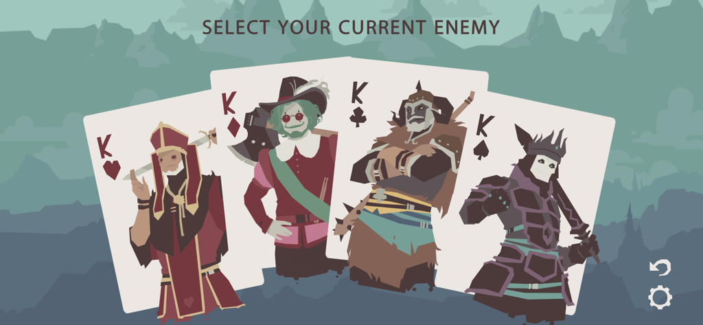 Regicide Companion - Enemy selection screen in the Regicide Companion app featuring four unique king character cards