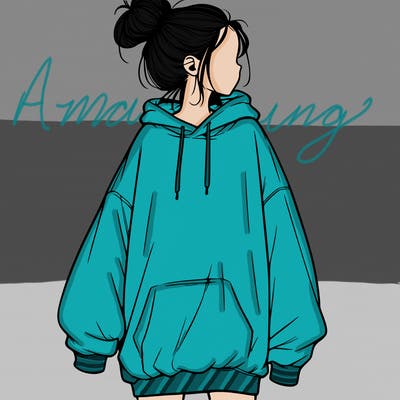realistic girl with a oversized sweatshirt on and a bun