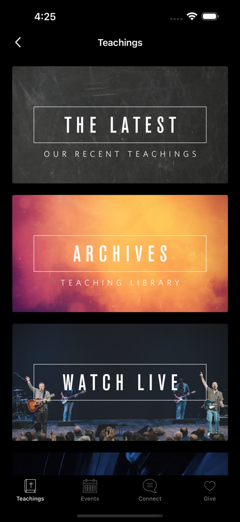 Cornerstone Chapel - Interface of the Cornerstone Chapel app displaying menu options for latest teachings archives and live streaming