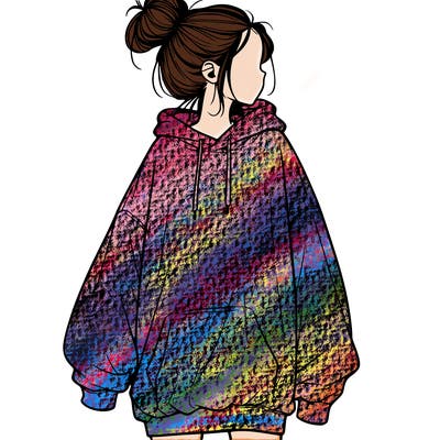 realistic girl with a oversized sweatshirt on and a bun