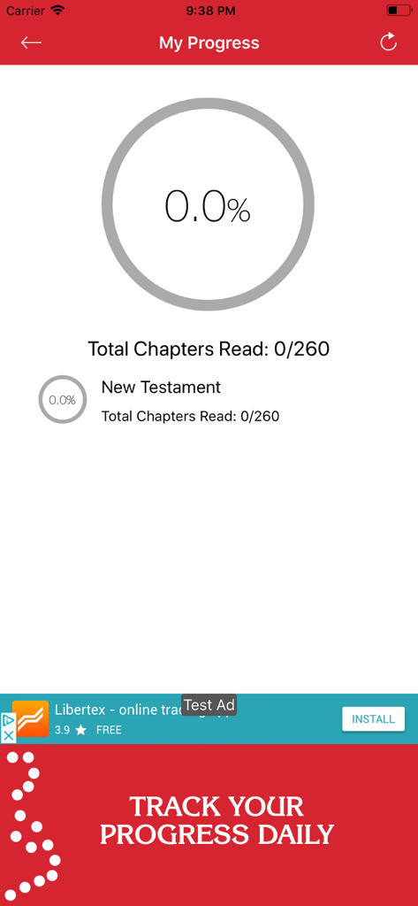 New Testament - KJV - Rastreador de progreso de lectura para la aplicación del Nuevo Testamento mostrando un porcentaje de finalización y el total de capítulos leídos.