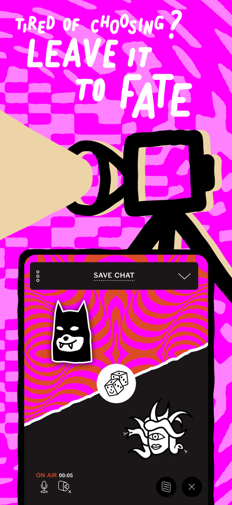 Interfaccia vibrante rosa dell'app di incontri PURE che mostra la funzione Lascia al destino con icone di personaggi anonimi