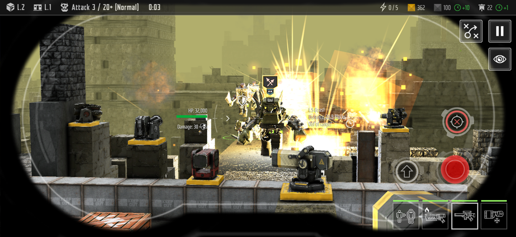 Block Fortress 2 - First-person perspective of a battle in Block Fortress 2 featuring explosions and automated turrets defending a base.