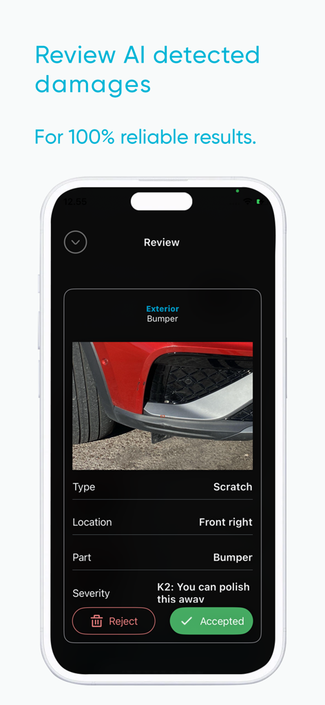 Mobile app interface showing AI detected scratch on a car bumper for manual review and acceptance