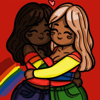 two females (pride month) hugging